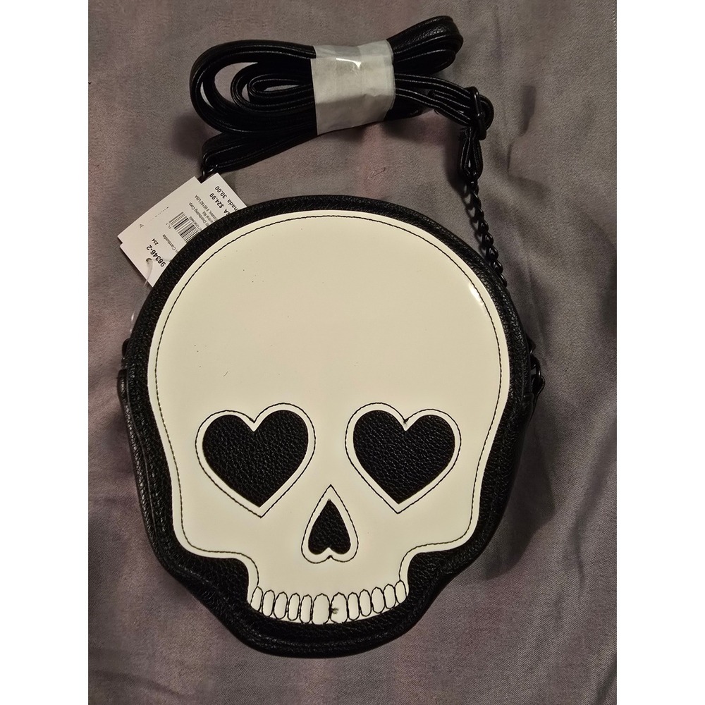 Skull Heart‎ Eyes Crossbody Bag Black White Gothic Pebbled Faux Leather New